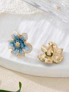 1 Pair Vintage Elegant Floral Ombre Gradient Resin Dangle Clip On Earrings, Delicate & Feminine Design, Suitable For Office Ladies, Parties, Gift For Women - Blue Ear Clip - View 4