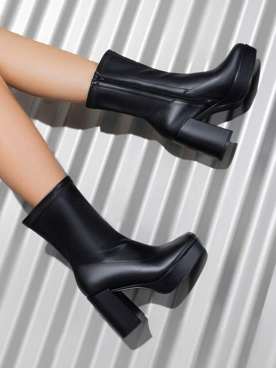 Women's Chunky Platform Mid-Calf Boots Waterproof Square Toe Fashionable Lightweight Comfort Elegant Bright Solid Color Side Zipper Classic For Parties Dress Festival Ankle Go Go BLack Boots - 黑色/PU - 查看 1