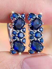 1 Par de Brincos de Botão Elegantes para Mulheres com Zircônia Cúbica Azul Revestido a Ouro Branco, Luxuoso para Casamento, Festa, Férias, Uso Diário, Durante Todas as Estações