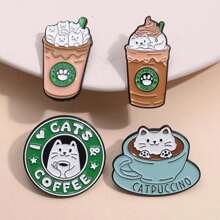 1/4 peças Broche de Liga Metálica Decorativo e Versátil de Café, Gato e Sorvete em Estilo Cartoon