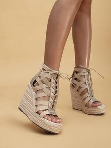 Platform Thick Bottom Waterproof Wedge Rope Roman Sandals - Gold - View 2