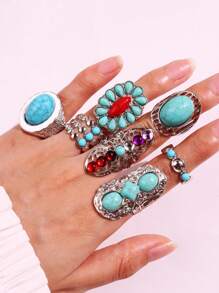 Juego de 7 piezas de anillos de tono turquesa y plateado de aleación con diseño elegante y vintage, apropiado para uso diario, festivales y fiestas