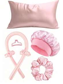 WANMEI Ensemble de soins capillaires premium de 4 pièces - Comprend 1 taie d'oreiller en satin ultra douce, 1 bonnet de nuit en soie léger, 1 tige à boucler sans chaleur et 1 élastique doux pour les cheveux - Ensemble ultime de protection et de mise en forme des cheveux pendant la nuit