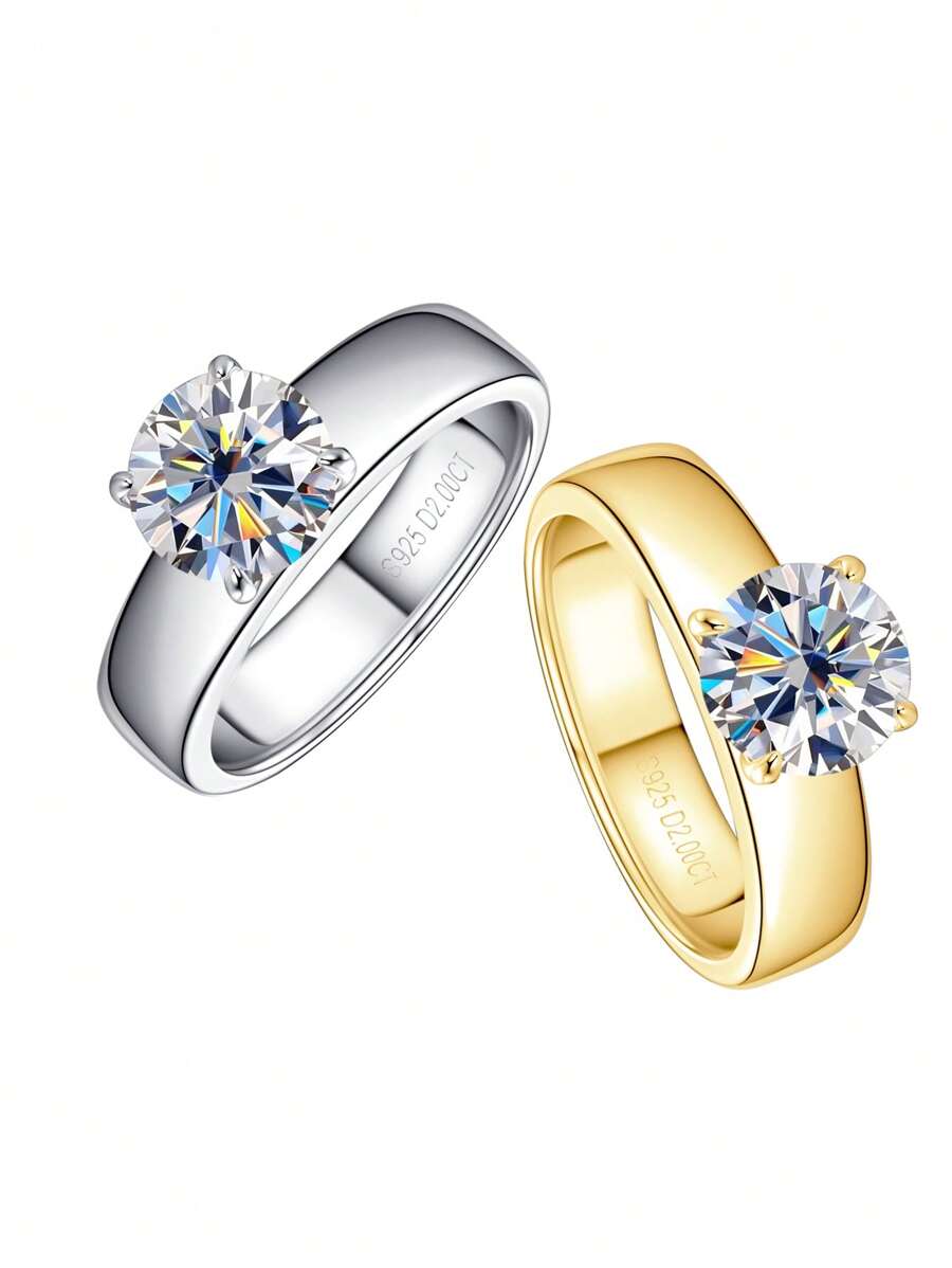 XUJIA 1 buc Inel de logodnă din argint 925 pentru femei, inel cu moissanit rotund de 8 mm și 2 ct, inel Solitaire clasic cu 4 vârfuri, inel de promisiune sau verighetă perfect pentru ea