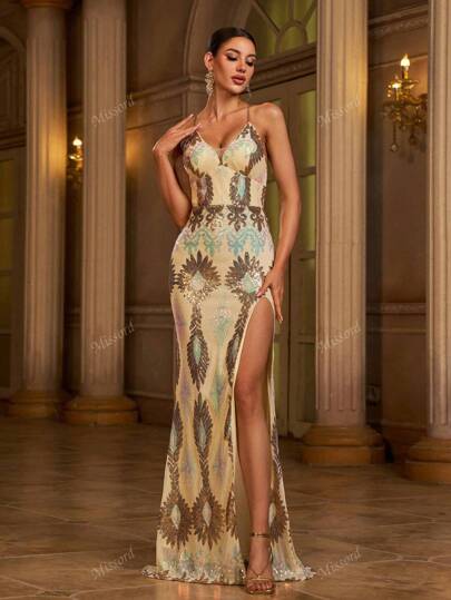 Missord Vestido de noche elegante de mujer con cuello en V, abertura, lentejuelas y espalda descubierta