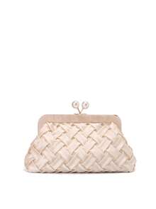 香槟色缎面手拿包，编织纹理和亚克力金色五金配件，珍珠装饰女士晚宴包 - 可拆卸链条肩带，适合新娘、母亲、情人节的婚礼派对生日礼物