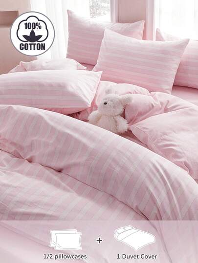 2/3-delars randig rosa sängkläder, lämplig för pojkar och flickor, perfekt för studentboenden, supermjuk, söt och fräsch, lämplig för vår-/sommarstudenter, tvättat borstat påslakan- och örngottset, sängkläder, exklusive täcke, finns i storlekarna dubbel, queen size, king size, för rumsinredning