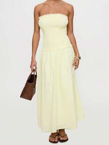 Women's Strapless Dress Stylish Solid Ruffled Trim Smocked A Line Tube Long Dress Y2K Going Out Beach Streetwear - Yellow - View 4