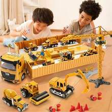 Camión contenedor para niños de gran tamaño, gran excavadora de ingeniería, grúa, juego de camión de juguete de aleación Juego de vehículos de ingeniería de juguete para niños: juego de simulación de obra de construcción con grúa excavadora y camión contenedor grande - Amarillo - Ver 2