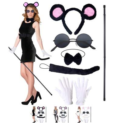 6 Piece Halloween Mouse Costume Accessories Set, Mouse Headband, Ears, Collar, Chin, Round Glasses, Blind Stick, White Gloves