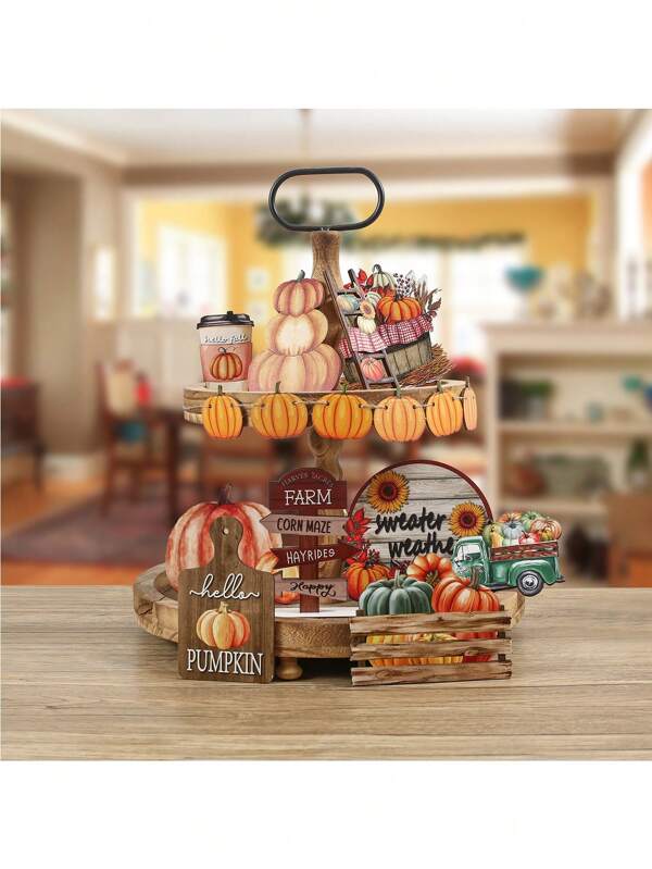 1 Set Autumn Harvest Farmhouse Tiered Tray Decor - Rustic Pumpkin, Maple Leaf Wooden Signs, Suitable For Autumn Home And Office Decoration, Thanksgiving Christmas Farmhouse Dining Table Decor (Tray Not Included)