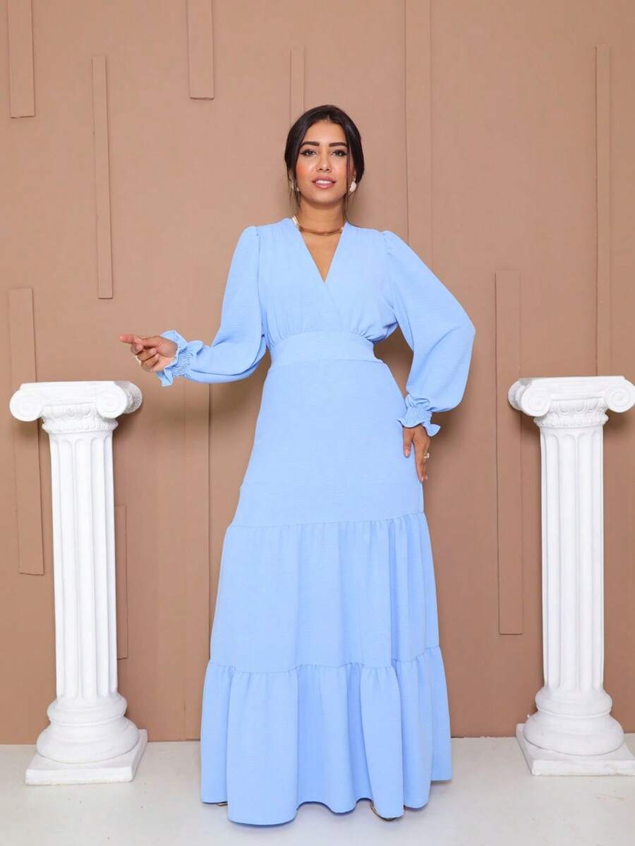 Women's Evangelical Dress Simple Casual Conservative/Modest Elegant Fabric Ruffle Hem Wedding Summer Winter - Màu xanh nhạt - Xem 1