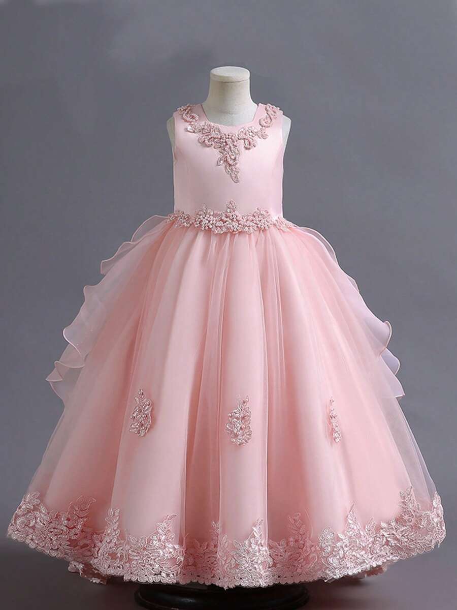 Flower Girl Dress Princess Puffy Tulle Dresses Bridesmaid Wedding Birthday Party Pageant Maxi Prom Gown For Kids - Bụi hồng - Xem 1
