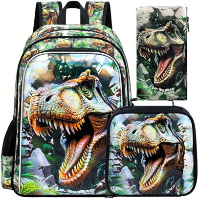 3 Stück Dinosaurier Rucksack für Jungen, 40 cm Kleinkind Dinosaurier Vorschul Schulrucksack und Lunchbox