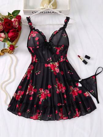 2 Piezas Conjunto de Ropa Interior Sexy - Conjunto Completo de Dos Piezas con Tanga a Juego, Dobladillo Delicadamente Avolantado, y Tirantes Ajustables para un Ajuste Perfecto - Patrón Floral Vibrante, Vestido Sensual para la Noche para Mujeres