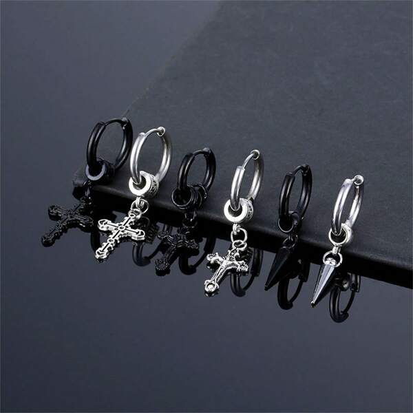 1 par de pendientes aro de acero inoxidable con forma de gota de agua y cruz en espiral, pulidos, accesorios
