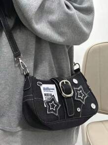 Woman 2025 New Star & Denim Handbag - Shoulder Underarm Bag, Vintage Button Decor, Chain Crossbody Bag