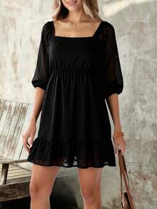 Vestido corto dama mujer media manga escote cuadrado semi transparente forro elegante femenino moderno versatil comodo sofisticado eventos oficina casual formal fresco - Negro - Ver 3