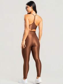 Women's 2-Piece Fitness Set Kit – 2 Tops And 2 Shiny Ribbed Leggings With High Waistband - 綠色/棕色 - 查看 2