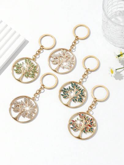 1 Stück modischer europäischer Stil Schlüsselanhänger Dekoration in Form eines Cut Out kreisförmigen Lebensbaums, verziert mit Strass, geeignet für Autoschlüssel und Taschen von Frauen, Taschenanhänger, Rucksack für Schule, süße Gothic Y2K Halloween Accessoires, Geschenkideen zum Lehrertag, Weihnachten, Ausweishalter, Autoaccessoires, Taschenanhänger