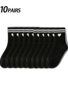 2双装女士纯色条纹爱心时尚百搭简约高品质柔软舒适吸湿中筒袜，适合返校季和情人节穿着。 - 彩色 - 查看 12