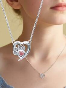 1 Stück 925 Sterling Silber hypoallergene Halskette mit Herz-förmigem Design und Katzen-Pfoten, eingelegt mit funkelndem rosa synthetischem Zirkonia - süß und reizend, perfekt für Mädchen im Frühling/Sommer Alltag, ein ideales Geburtstags-/Feiertagsgeschenk für Töchter und Enkelinnen