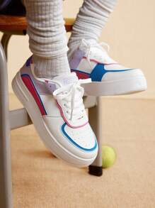Women's Fashion Lace-Up Thick Soled Casual Sneakers, Waterproof Platform White Sport Shoes, For Autumn & Spring