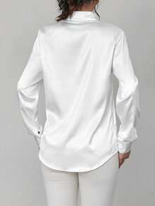 Women Elegant Turndown Collar Front Button Faux Silk Satin Long Sleeve Blouse, Solid Color, Suitable For Daily Commuting - White - View 2