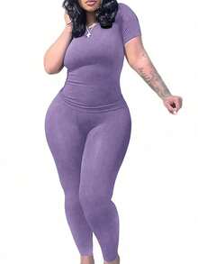 Plus Size Ribbed Bodycon 2-Piece Set For Women - Short Sleeve Slim Top & High Waist Leggings Suits- Casual Lounge Wear Outfit, Athletic/Yoga Suit - 紫色 - 查看 3
