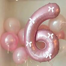 1 Pc 32 Inch Pearl Pink Number Foil Balloon & 5 Pcs White Bow Combination Set, Suitable For Wedding, Birthday, Anniversary, Graduation, Summer Party Decoration
