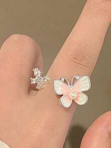 1件甜美花卉渐变粉色鱼尾油滴蝴蝶戒指女简约小众百搭独特高端麻花图案食指戒指 - 銀色 - 查看 8