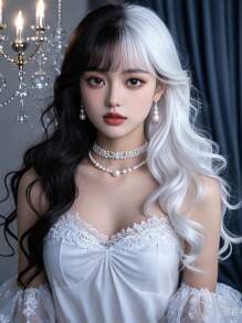 XYUNMI Cosplay Black And White Long Curly Wave Wig 26 Inch With Bangs Easy To Comb And Care Fashion Long Wig Lightweight Breathable Synthetic Heat Resistant Fiber Wig For Women Daily Wear Date Party Cosplay Halloween Lolita Long Curly Wig For All Races