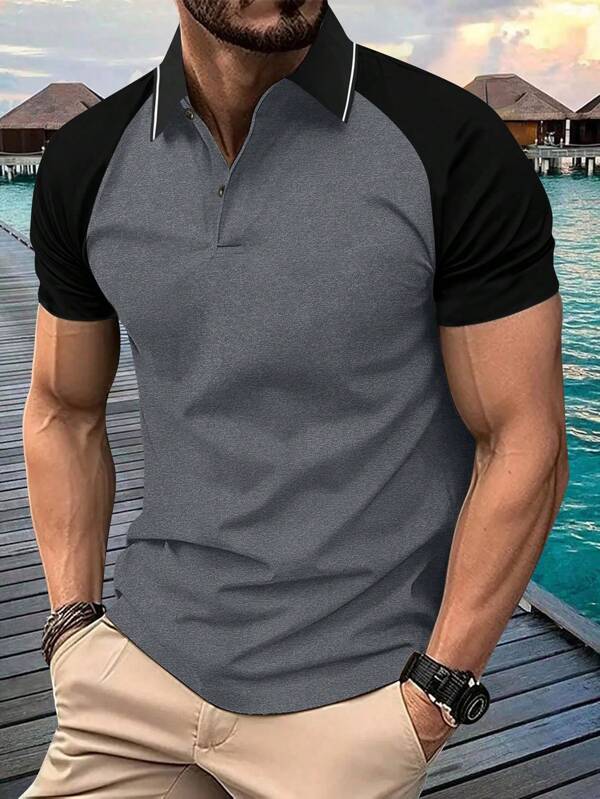 Camiseta Polo de Ajuste Regular Masculina com Recortes em Cores Contrastantes e Gola Redonda, Estilosa e Casual, Presente Ideal para Marido ou Namorado, Verão