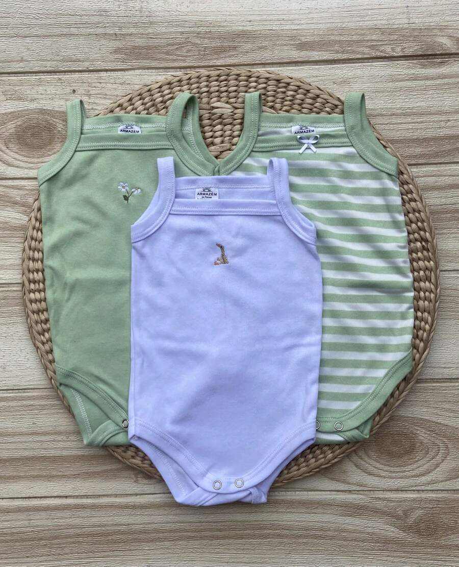 Kit 3 Bodysuit With Straps And Tank Top For Baby Girl And Boy, Lace Cotton - Màu xanh Bạc hà - Xem 1