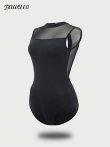 balletto 女式高弹力尼龙芭蕾体操紧身衣，立领大后背网眼拼接舞蹈服装，成人连体健身服，专业表演训练服