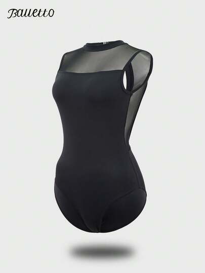 balletto 女式高弹力尼龙芭蕾体操紧身衣，立领大后背网眼拼接舞蹈服装，成人连体健身服，专业表演训练服