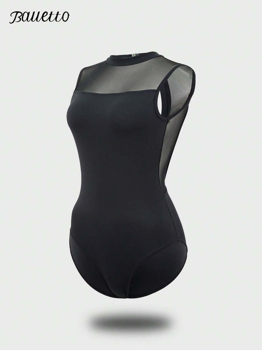 balletto 女式高弹力尼龙芭蕾体操紧身衣，立领大后背网眼拼接舞蹈服装，成人连体健身服，专业表演训练服
