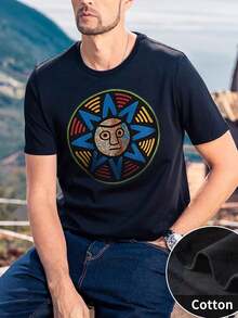 Camiseta Hombre Sol Tótem Circular con Dise?o Geométrico Colorido 220g Algodón Grueso - Negro - Ver 1