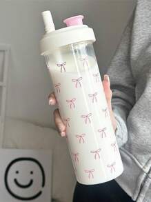 1pc Cute Pink Bow Water Bottle, Reusable With Lid And Straw Cup, Travel And Outdoor Cup, Gym And Sports Bottle, Flat Bottomed Cup, Car Cup, Holiday Gift