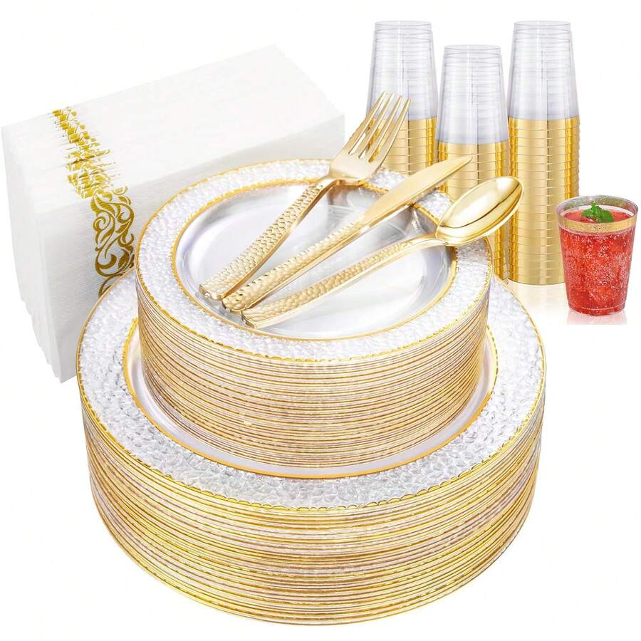 175 Pcs Disposable Gold Tableware Set, Transparent Plastic Tableware, For 25 Guests, Including Dinner Plate, Dim Sum Plate, Wine Cup, Knife, Fork, Spoon And Paper Towel, Very Suitable For Weddings And Parties - Transparent Gold - View 1