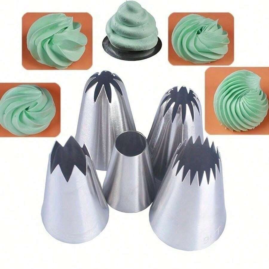 5-Piece Best Choice For Baking! 5-Piece Cake Decorating Nozzle Set, 430 Stainless Steel With PP Bag, Seamless Welding And Sanding Process, Not Easy To Rust, Efficient Adaptation To The High-Frequency Use Needs Of Cake Shops And Milk Tea Shops! - Silver - View 1