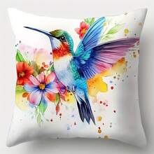 Set Of 4 Bright Hummingbird And Floral Pillowcases, Modern Living Room Sofa Decorations, Sofa Decorations, Bright Print Designs, Zipper Pillowcases, Decorative Pillowcases, Single Side, No Pillows
