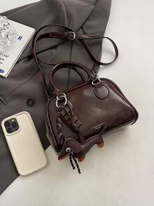 女士复古保龄球包，PU皮革材质，简约纯色手提包，多功能单肩斜挎包，适合工作、通勤、约会、聚会等场合，棕色