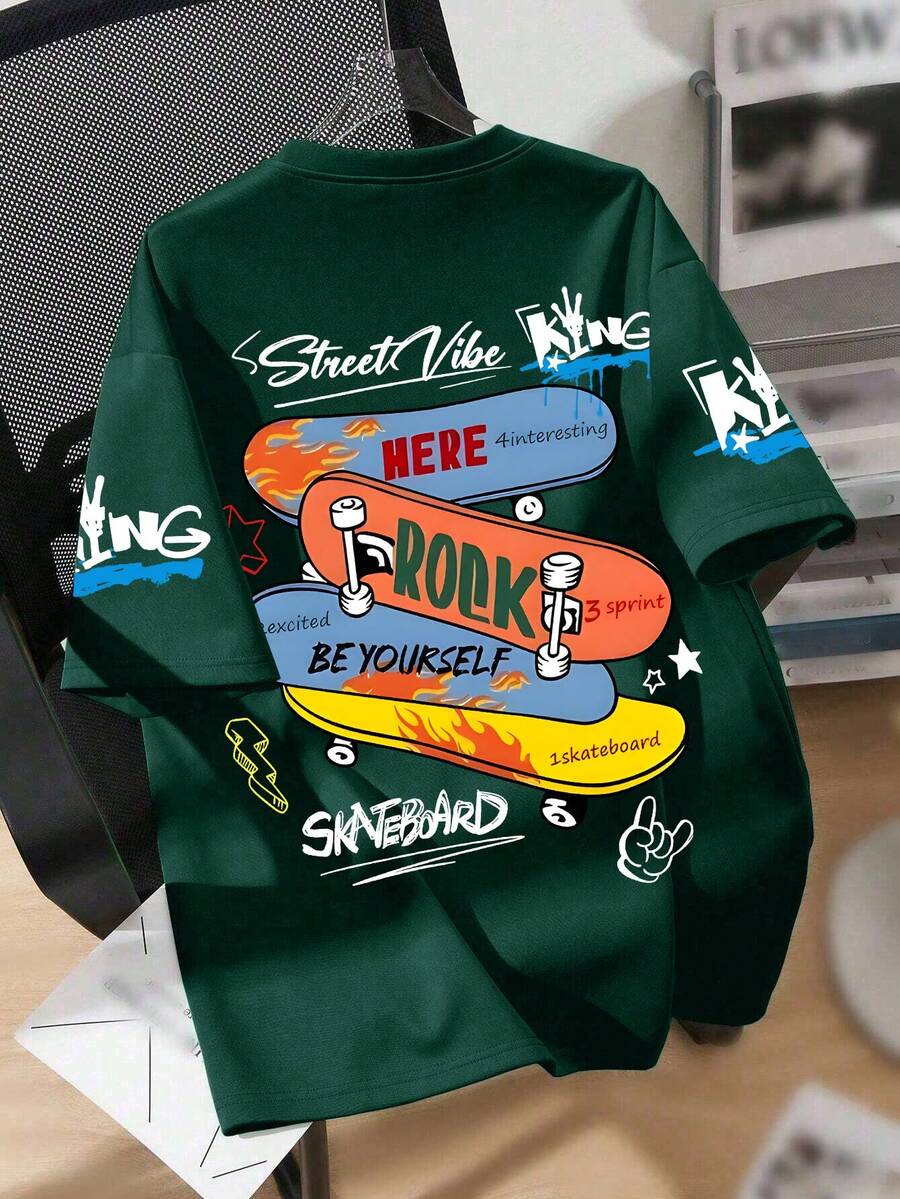 青少年男童滑板印花圆领T恤，夏季休闲柔软上衣 - 墨綠色 - 查看 1