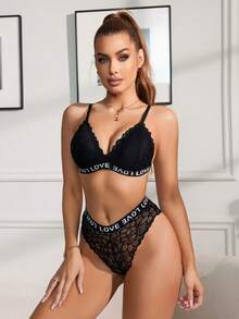 Women's Sexy Lace Letter Tape Lingerie Set, European & American Style, Going Out - Black - View 4