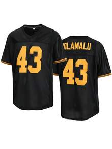 Atonmore 男式 43 号黑色美式橄榄球球衣休闲短袖刺绣缝线 V 领 T 恤派对橄榄球运动上衣