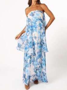 Women Summer Boho Strapless Maxi Dress 2025 Casual Sleeveless Off Shoulder Floral Ruffle Layered Party Long Dress Beach Sundress