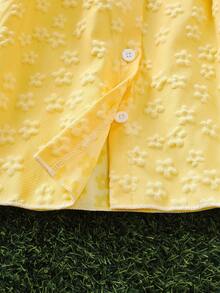 Girls' Summer And Spring Dress With Turned-Up Collar, Scalloped Hem, Short Sleeves With Flowered Cuffs On Both Sides, Embossed Flowers All Over, Front Placket A-Line Dress In Cute Little Princess Style - Yellow - View 6