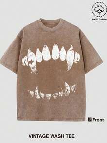 Funny Graphic Tee Short Sleeve T-Shirt Vintage Wash Tee Black Teeth Graphic Print Casual Daily Wear Y2K Street Wear Unique Quirky Pattern Short-Sleeve T-Shirt - Cà phê nâu - Xem 1