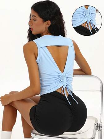 SUPEKYKO 女式运动上衣无袖露背瑜伽衫抽绳短款健身背心轻便运动背心女式